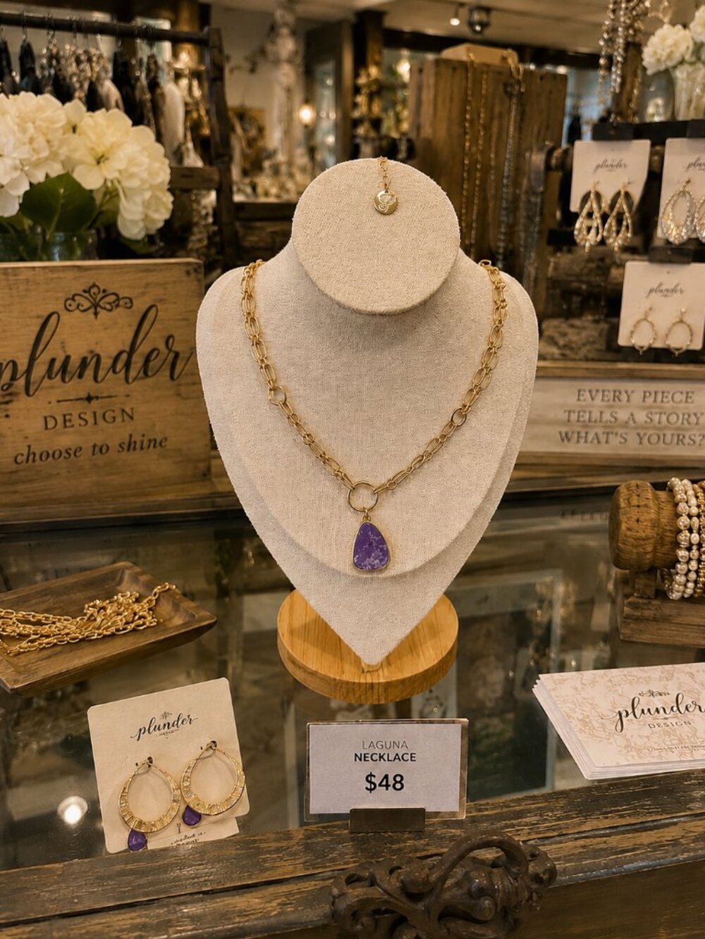 Plunder Design Gold Tone Chain Necklace PurpleTeardrop Pendant Statement